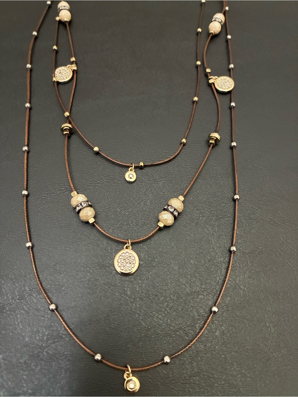 Lia Sophia Brown Multi-Strand Cord Necklace with Gold and Silver Accents